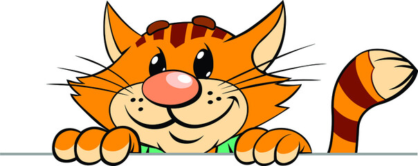Red cat looks out.
A vector illustration of a cartoon smiling striped red cat  looks out.