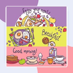 Breakfast horizontal banner set with food and drink hand drawn elements isolated vector illustration