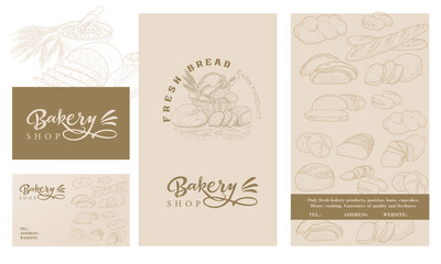 A set of templates for a bread store. Template of a booklet, flyers, business cards with a set of bread in an engraving vintage style.