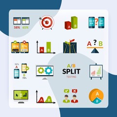 A-b testing seo sample comparison research icons set isolated vector illustration