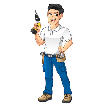 Handyman with a Tool Equipment Belt Holding Cordless Drill