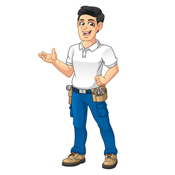 Handyman with a Tool Equipment Belt Present Welcome Hand
