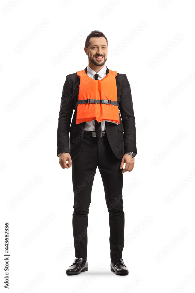 Poster full length portrait of a businessman wearing an orange life vest and smiling