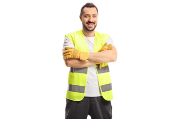 Smiling man waste collector in a uniform and gloves - Powered by Adobe
