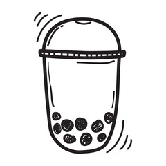 Vector sketch of bubble tea in a cup. popular drink. Hand drawn black illustration isolated on a white background. boba doodle art