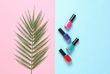 Bottles of nail polish and palm leaf on blue pink background. Beauty still life. Top view. Flat lay