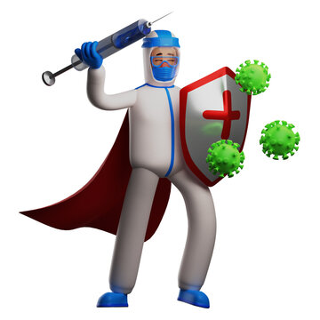 A superhero 3D Paramedic with Hazmat Cartoon Illustration fighting the virus