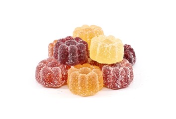 Jelly candies of various fruits flavor coated with sugar, on white background