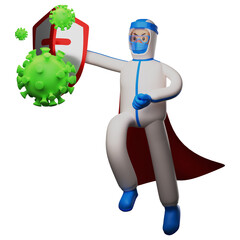 Paramedic with Hazmat 3D Cartoon Picture cast out the virus with the shield