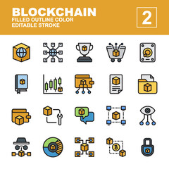 Icon Set Blockchain with line color style. Contains such of website, network, trophy, cart, book, wallet, maintenace, vision, P2P, sync and more. You can use for web, app and more. Editable stroke.