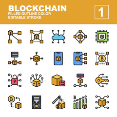 Icon Set Blockchain with line color style. Contains such of distributed, cloud, server, transaction, mobile blockchain, security, node and more. You can use for web, app and more. Editable stroke.