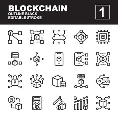 Icon Set Blockchain with outline black style. Contains such of distributed, cloud, server, transaction, mobile blockchain, security, node and more. You can use for web, app and more. Editable stroke.