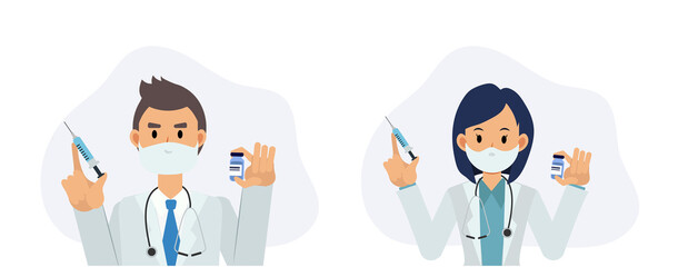 vaccination concept. Covid-19.Set of Male and female doctors in masks with syringe and vaccine. Healthcare, coronavirus. Flat vector cartoon character illustration.