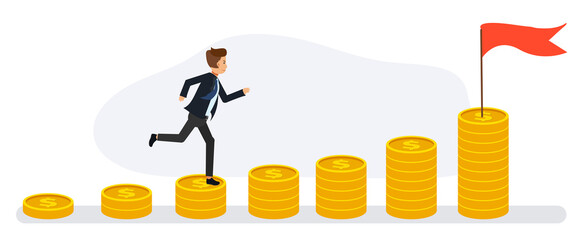 businessman runs up the stacks of coins. financial success concept, moving towards. Flat vector cartoon character.