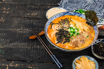 Miso Ramen Asian noodles with，  Fried noodles with cuttlefish sauce