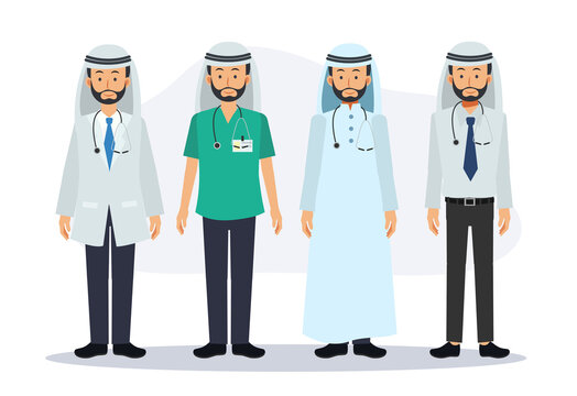 Set of male Arab doctor characters. Hospital worker and medical staff. Flat vector cartoon character illustration.