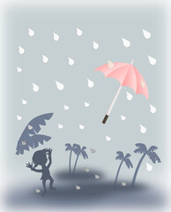 A pink umbrella blows away with the wind, while a person is left in the rain. 
