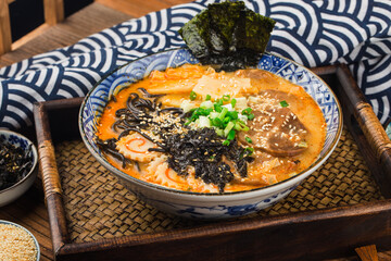 Miso Ramen Asian noodles with，  Fried noodles with cuttlefish sauce