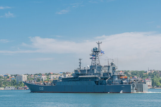 Sevastopol , CRIMEA - 17 June 2021: Ropucha-class landing ship Korolev or Project 775, large landing craft in the seaport of Sevastopol 
