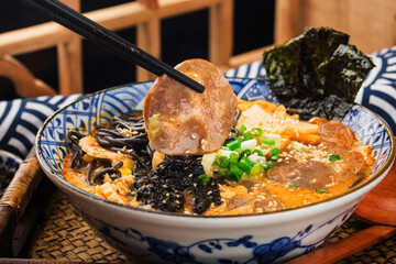Miso Ramen Asian noodles with，  Fried noodles with cuttlefish sauce
