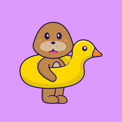 Cute dog With Duck buoy. Animal cartoon concept isolated. Can used for t-shirt, greeting card, invitation card or mascot. Flat Cartoon Style