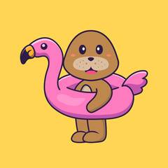 Cute dog With flamingo buoy. Animal cartoon concept isolated. Can used for t-shirt, greeting card, invitation card or mascot. Flat Cartoon Style