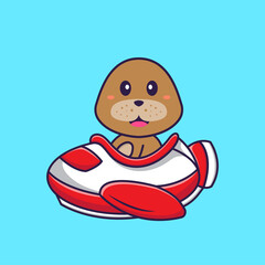 Cute dog flying on a plane. Animal cartoon concept isolated. Can used for t-shirt, greeting card, invitation card or mascot. Flat Cartoon Style