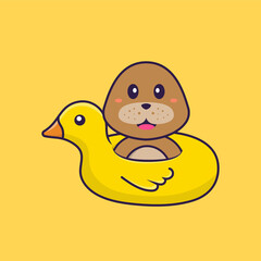Cute dog With Duck buoy. Animal cartoon concept isolated. Can used for t-shirt, greeting card, invitation card or mascot. Flat Cartoon Style