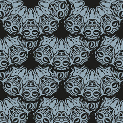 Dark dewy seamless pattern with blue vintage ornaments. Wallpaper in a vintage style template. Indian floral element. Graphic ornament for wallpaper, fabric, packaging and paper.