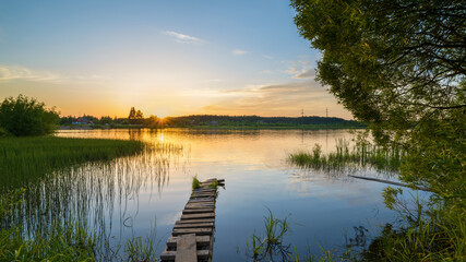 Rural landscape, sunset over the river