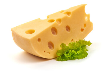 Maasdam cheese, isolated on white background.