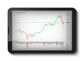 Tablet PC Business chart, uptrend line graph, bar chart stock numbers bull market arrow up and down phone. Evaluation investment risks tablet banner. Financial markets background tablet, trading phone