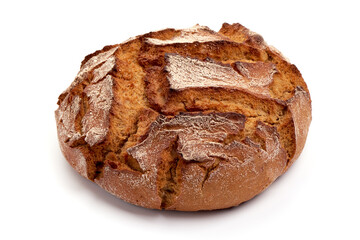 Freshly baked Rustic rye bread, isolated on white background. High resolution image.