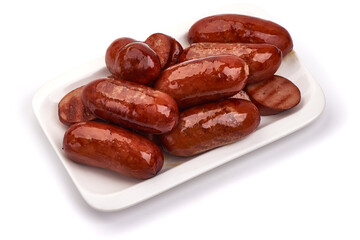 Fried bbq sausages, isolated on white background.