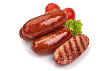 Roasted sausages, isolated on white background.