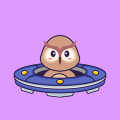 Cute owl Driving Spaceship Ufo. Animal cartoon concept isolated. Can used for t-shirt, greeting card, invitation card or mascot. Flat Cartoon Style