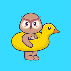 Cute owl With Duck buoy. Animal cartoon concept isolated. Can used for t-shirt, greeting card, invitation card or mascot. Flat Cartoon Style