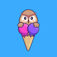 Cute owl with sweet ice cream. Animal cartoon concept isolated. Can used for t-shirt, greeting card, invitation card or mascot. Flat Cartoon Style