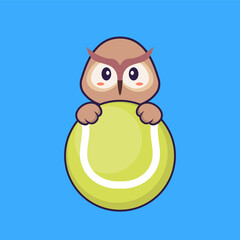 Cute owl playing tennis. Animal cartoon concept isolated. Can used for t-shirt, greeting card, invitation card or mascot. Flat Cartoon Style