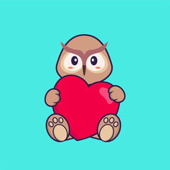 Cute owl holding a big red heart. Animal cartoon concept isolated. Can used for t-shirt, greeting card, invitation card or mascot. Flat Cartoon Style