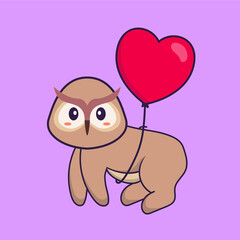 Cute owl flying with love shaped balloons. Animal cartoon concept isolated. Can used for t-shirt, greeting card, invitation card or mascot. Flat Cartoon Style