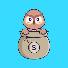 Cute owl playing in money bag. Animal cartoon concept isolated. Can used for t-shirt, greeting card, invitation card or mascot. Flat Cartoon Style