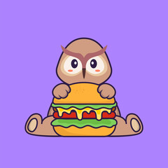 Cute owl eating burger. Animal cartoon concept isolated. Can used for t-shirt, greeting card, invitation card or mascot. Flat Cartoon Style