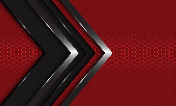 Abstract dark grey silver arrow direction overlap on red hexagon mesh design modern luxury futuristic background vector illustration.