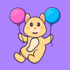 Plakat Cute rabbit flying with two balloons. Animal cartoon concept isolated. Can used for t-shirt, greeting card, invitation card or mascot. Flat Cartoon Style