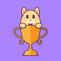 Cute rabbit with gold trophy. Animal cartoon concept isolated. Can used for t-shirt, greeting card, invitation card or mascot. Flat Cartoon Style