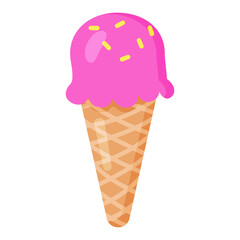 Pink and yellow ice cream cone, vector illustration in flat style. Refreshment ice cream. Summer dessert. Positive print for textile, web, cards, design and decor. Fruit or berry ice cream bar. 