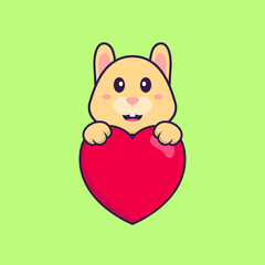 Cute rabbit holding a big red heart. Animal cartoon concept isolated. Can used for t-shirt, greeting card, invitation card or mascot. Flat Cartoon Style