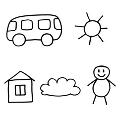 Set of doodle style vector illustrations. Hand drawn icons for design or decor. Cartoon house, man, cloud, bus and sun. Prints for kids and children. Black outdrawn icons. 