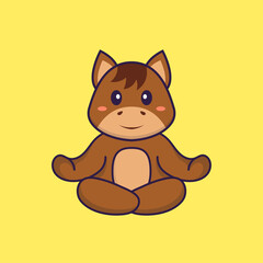 Obraz premium Cute horse is meditating or doing yoga. Animal cartoon concept isolated. Can used for t-shirt, greeting card, invitation card or mascot. Flat Cartoon Style